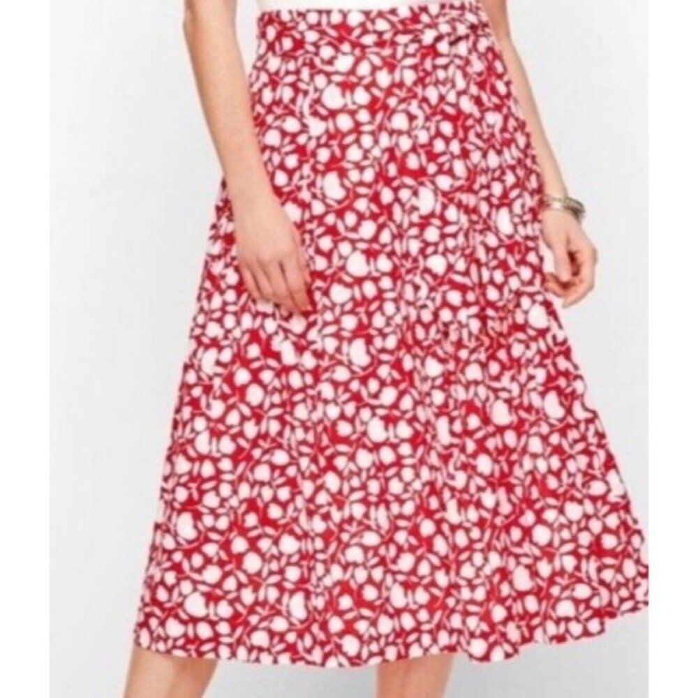 Talbots Sz 14 Red & White Floral Tulip Cotton Midi Skirt Belt Pleated Flare Boho